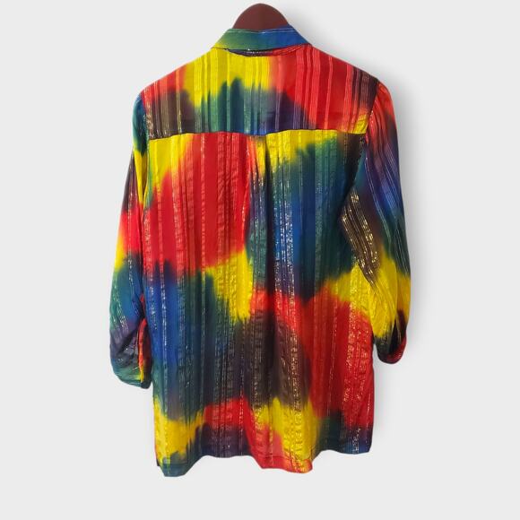 Chico's Design Silk Metallic Sheer Rainbow Stripe Button Up Blouse Sz 0=Sm Artsy - Picture 6 of 14